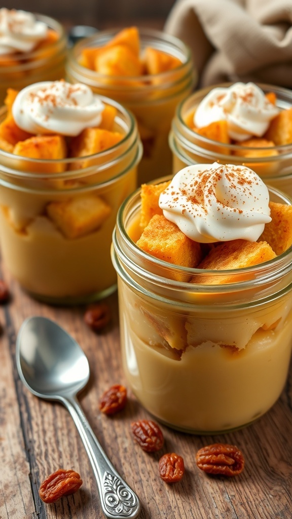 Individual bread pudding jars filled with custard-soaked bread, topped with whipped cream and cinnamon.